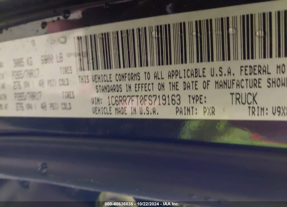 2015 RAM 1500 TRADESMAN VIN: 1C6RR7FT0FS719163