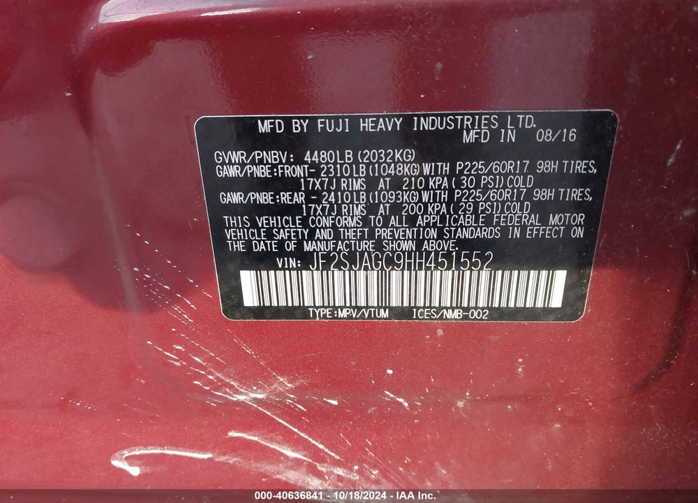 2017 SUBARU FORESTER 2.5I PREMIUM VIN: JF2SJAGC9HH451552