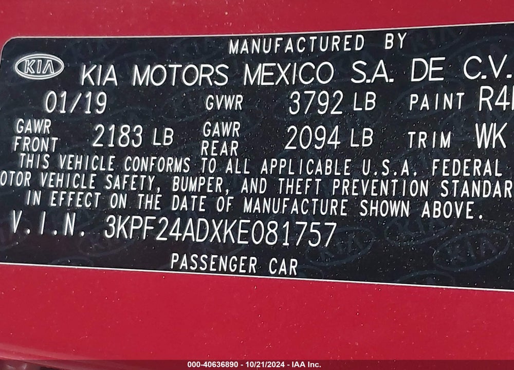 2019 KIA FORTE LXS VIN: 3KPF24ADXKE081757