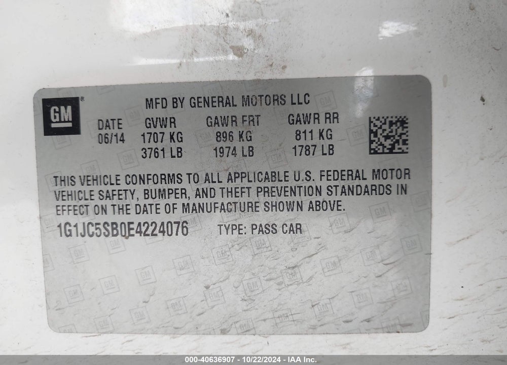 2014 CHEVROLET SONIC VIN: 1G1JC5SB0E4224076