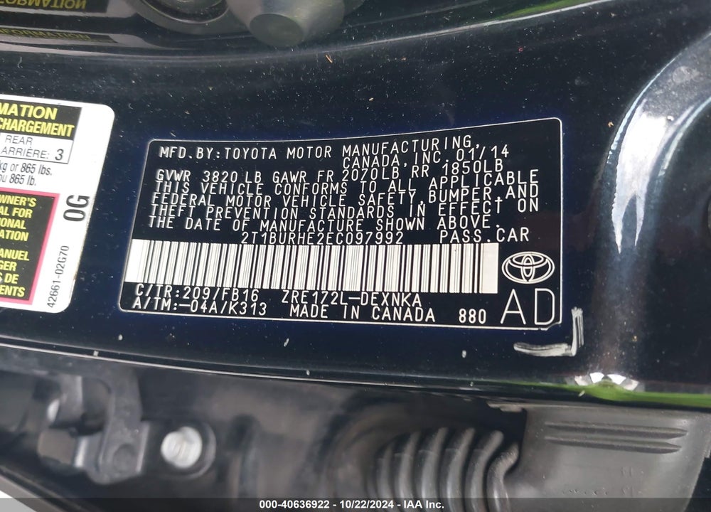 2014 TOYOTA COROLLA LE VIN: 2T1BURHE2EC097992