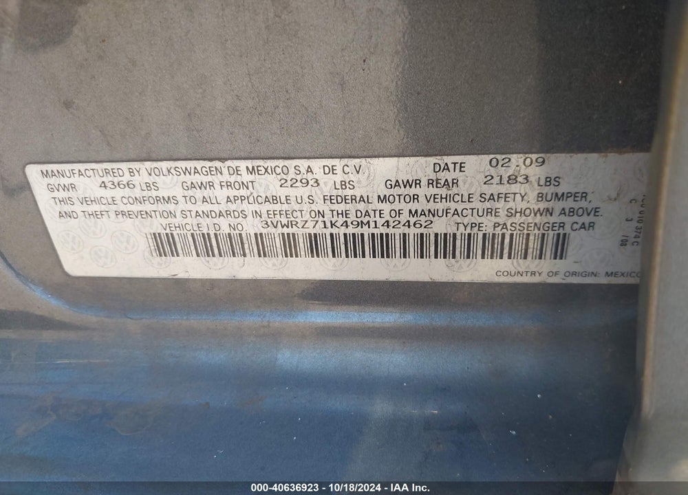2009 VOLKSWAGEN JETTA SE VIN: 3VWRZ71K49M142462