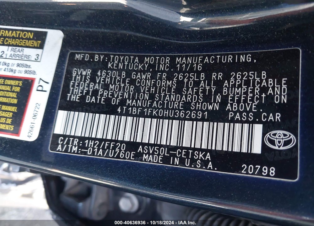 2017 TOYOTA CAMRY SE VIN: 4T1BF1FK0HU362691