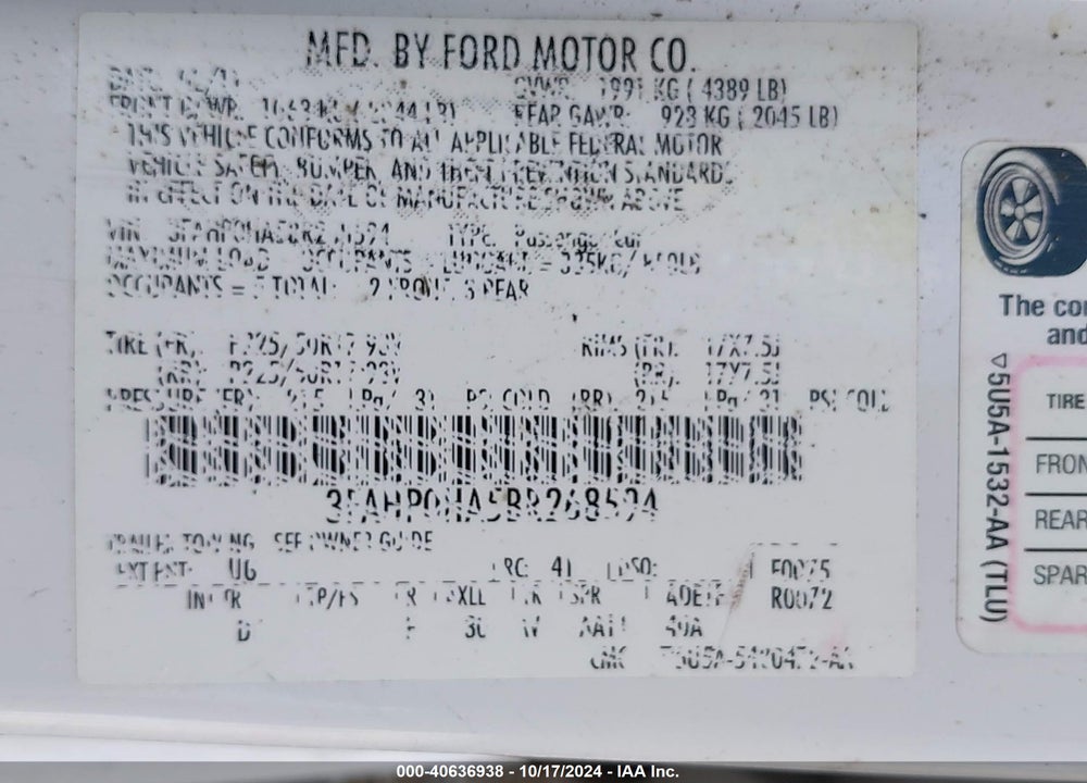 2011 FORD FUSION SE VIN: 3FAHP0HA5BR268594
