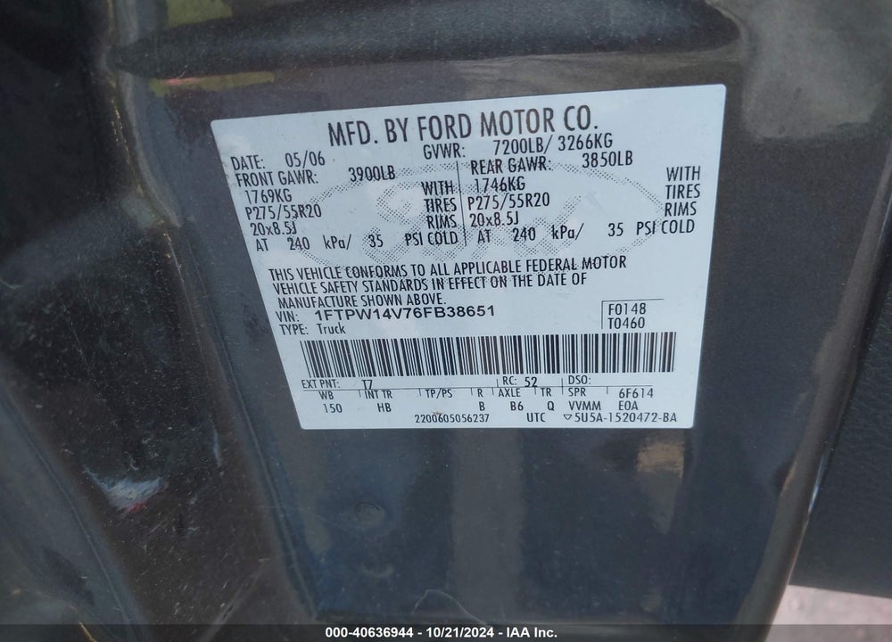 2006 FORD F-150 VIN: 1FTPW14V76FB38651