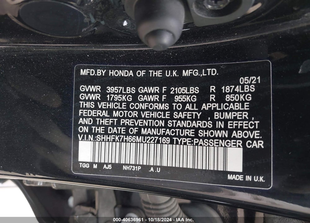 2021 HONDA CIVIC EX VIN: SHHFK7H66MU227169