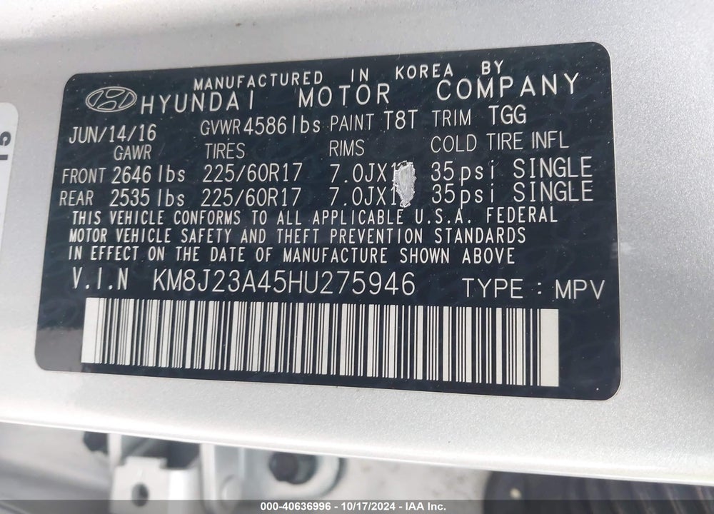 2017 HYUNDAI TUCSON SE VIN: KM8J23A45HU275946