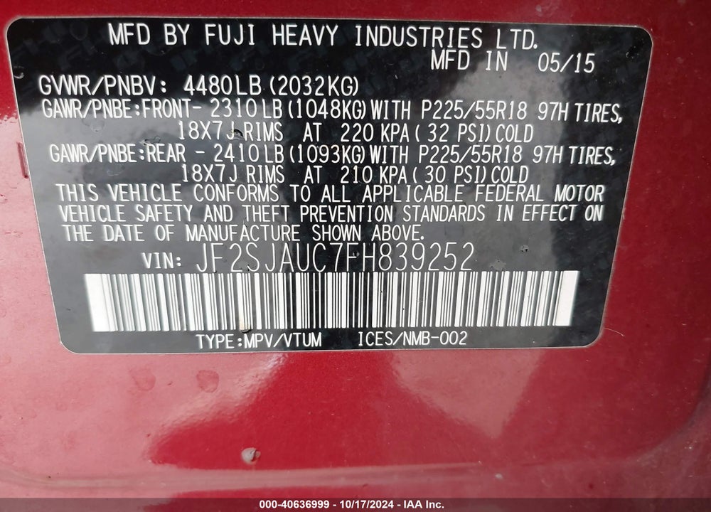 2015 SUBARU FORESTER 2.5I TOURING VIN: JF2SJAUC7FH839252
