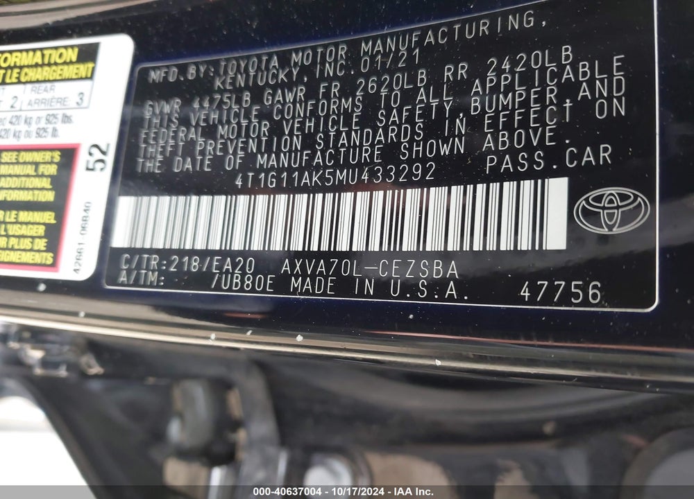 2021 TOYOTA CAMRY VIN: 4T1G11AK5MU433292