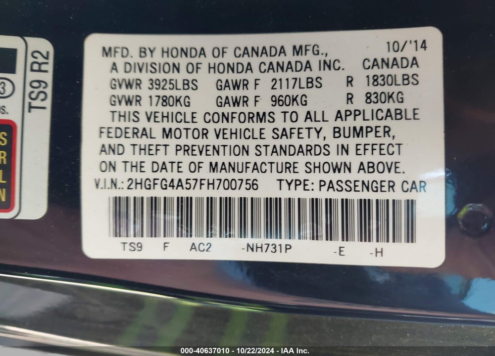 2015 HONDA CIVIC SI VIN: 2HGFG4A57FH700756