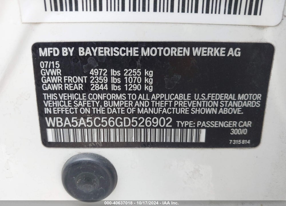 2016 BMW 528I VIN: WBA5A5C56GD526902