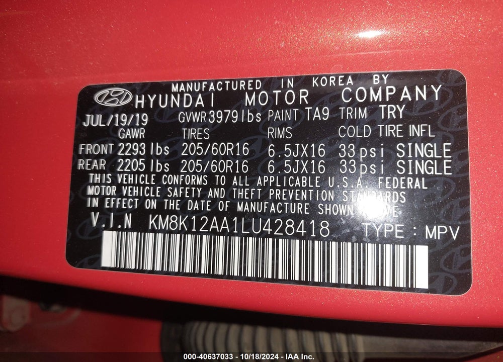 2020 HYUNDAI KONA SE VIN: KM8K12AA1LU428418