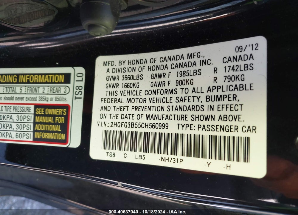 2012 HONDA CIVIC LX VIN: 2HGFG3B55CH560999