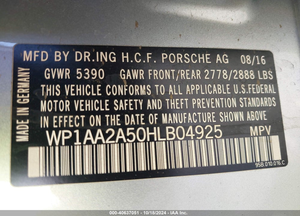 2017 PORSCHE MACAN VIN: WP1AA2A50HLB04925