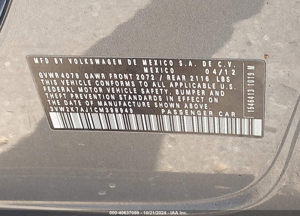 2012 VOLKSWAGEN JETTA 2.0L S VIN: 3VW2K7AJ1CM398949