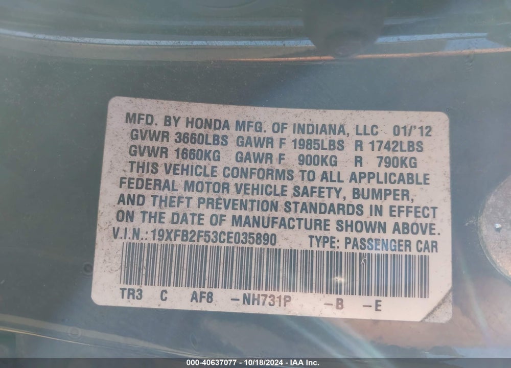 2012 HONDA CIVIC SDN LX VIN: 19XFB2F53CE035890