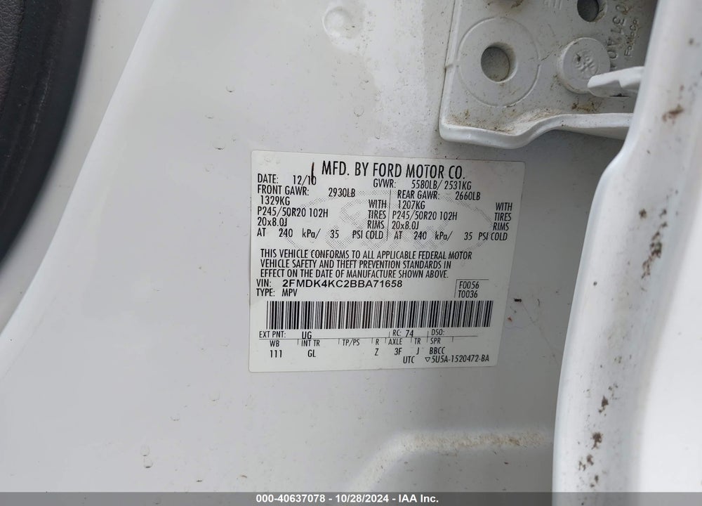 2011 FORD EDGE LIMITED VIN: 2FMDK4KC2BBA71658