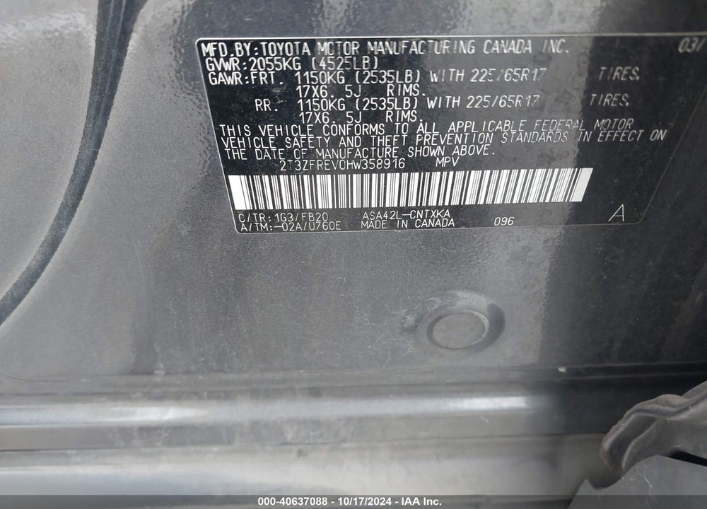 2017 TOYOTA RAV4 LE VIN: 2T3ZFREV0HW358916