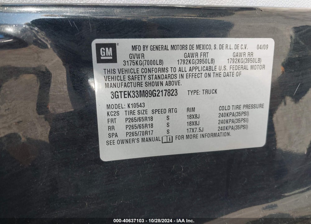 2009 GMC SIERRA 1500 SLT VIN: 3GTEK33M89G217823