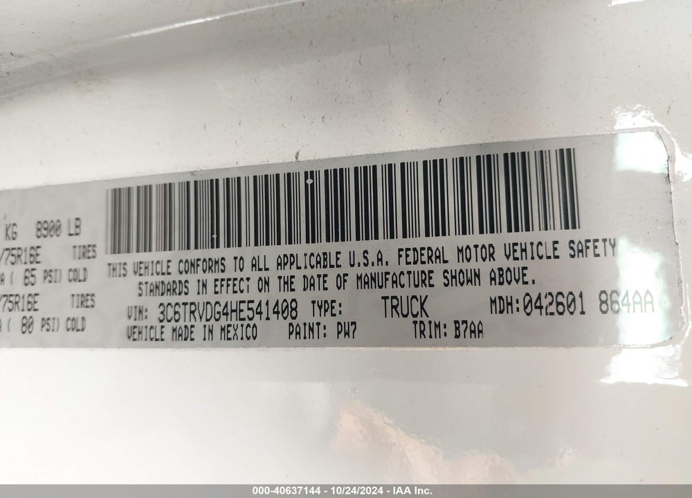 2017 RAM PROMASTER 2500 HIGH ROOF 159 WB VIN: 3C6TRVDG4HE541408