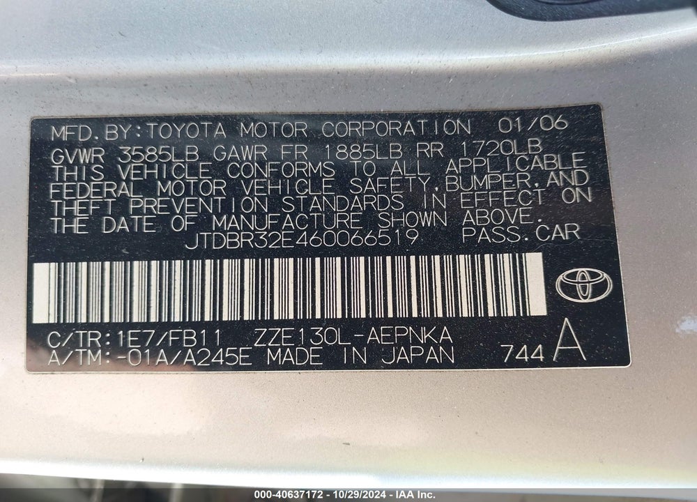 2006 TOYOTA COROLLA LE VIN: JTDBR32E460066519