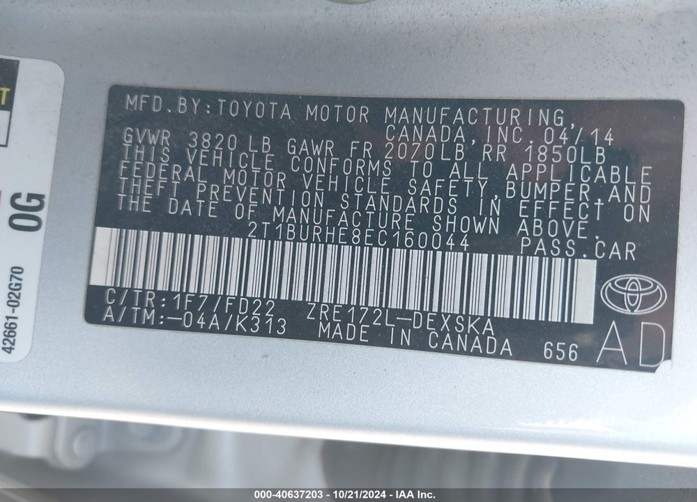 2014 TOYOTA COROLLA S VIN: 2T1BURHE8EC160044