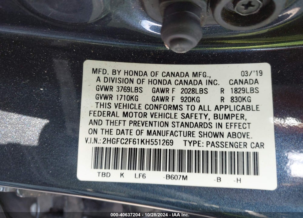 2019 HONDA CIVIC VIN: 2HGFC2F61KH551269
