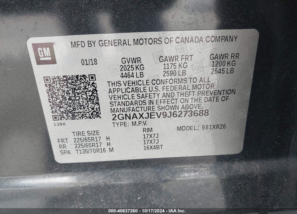 2018 CHEVROLET EQUINOX LT VIN: 2GNAXJEV9J6273688