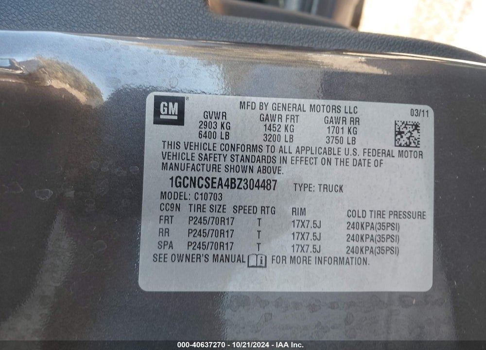 2011 CHEVROLET SILVERADO 1500 LT VIN: 1GCNCSEA4BZ304487
