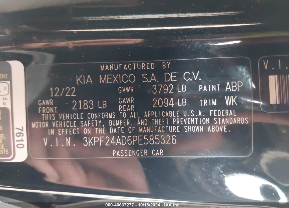 2023 KIA FORTE LXS VIN: 3KPF24AD6PE585326