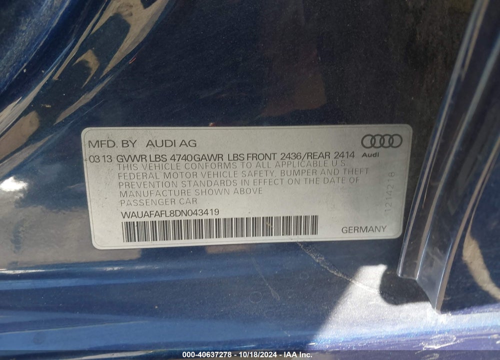 2013 AUDI A4 2.0T PREMIUM VIN: WAUAFAFL8DN043419