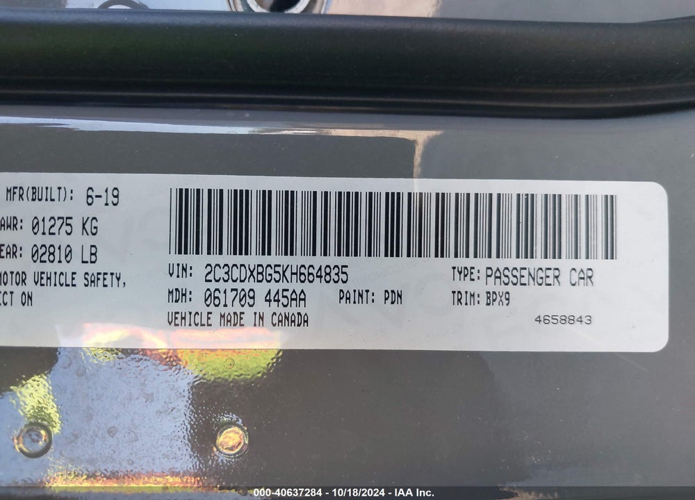 2019 DODGE CHARGER SXT RWD VIN: 2C3CDXBG5KH664835