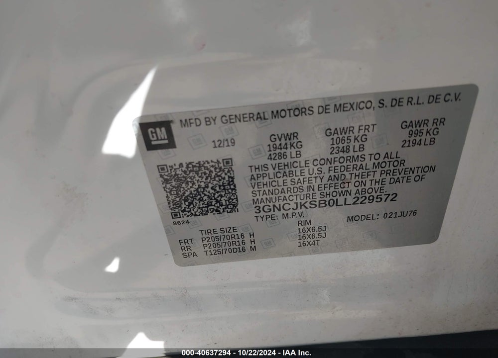 2020 CHEVROLET TRAX FWD LS VIN: 3GNCJKSB0LL229572