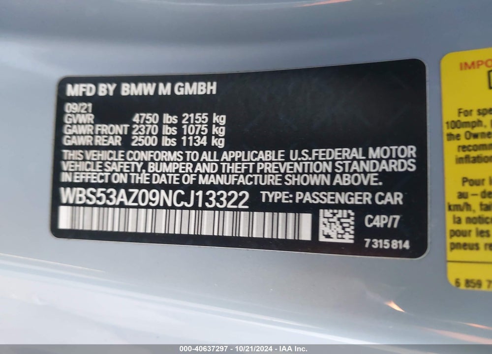 2022 BMW M4 VIN: WBS53AZ09NCJ13322
