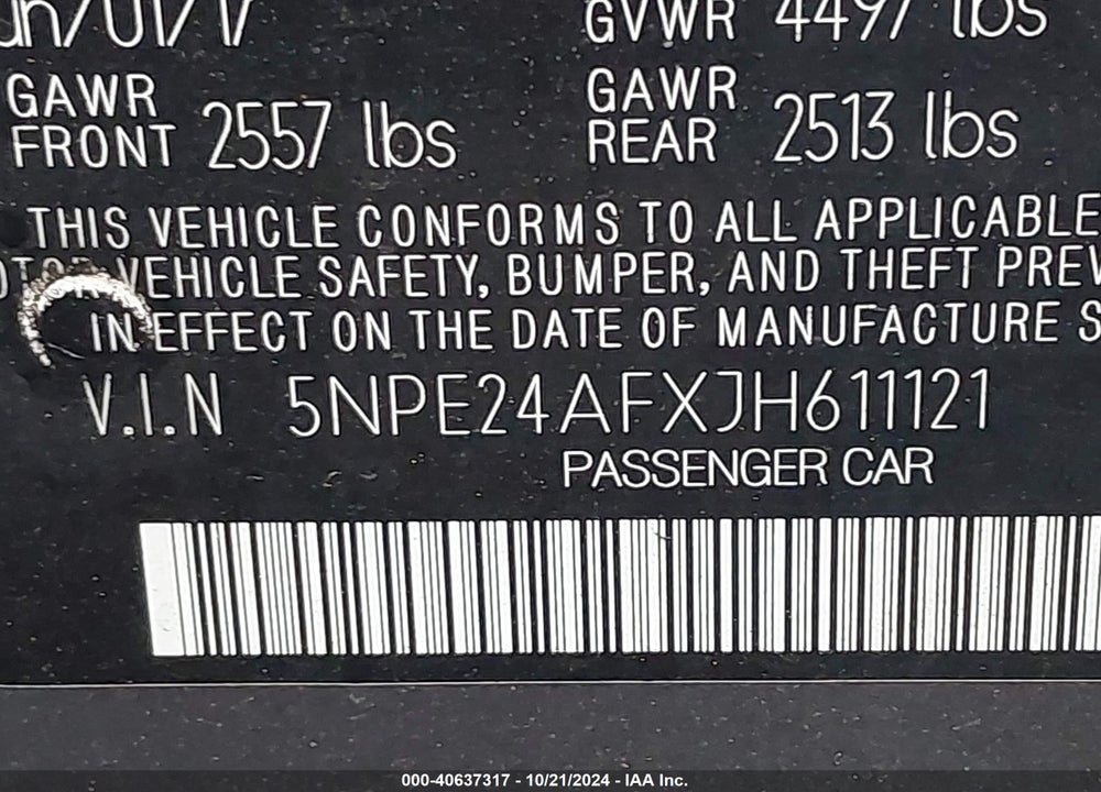 2018 HYUNDAI SONATA SE VIN: 5NPE24AFXJH611121
