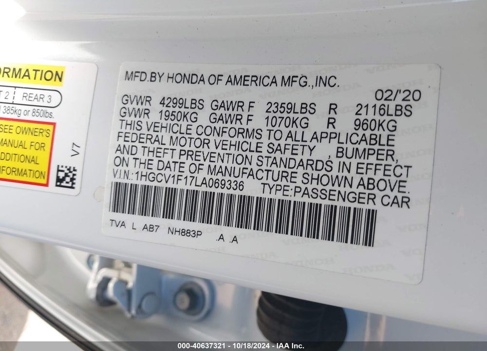 2020 HONDA ACCORD LX VIN: 1HGCV1F17LA069336