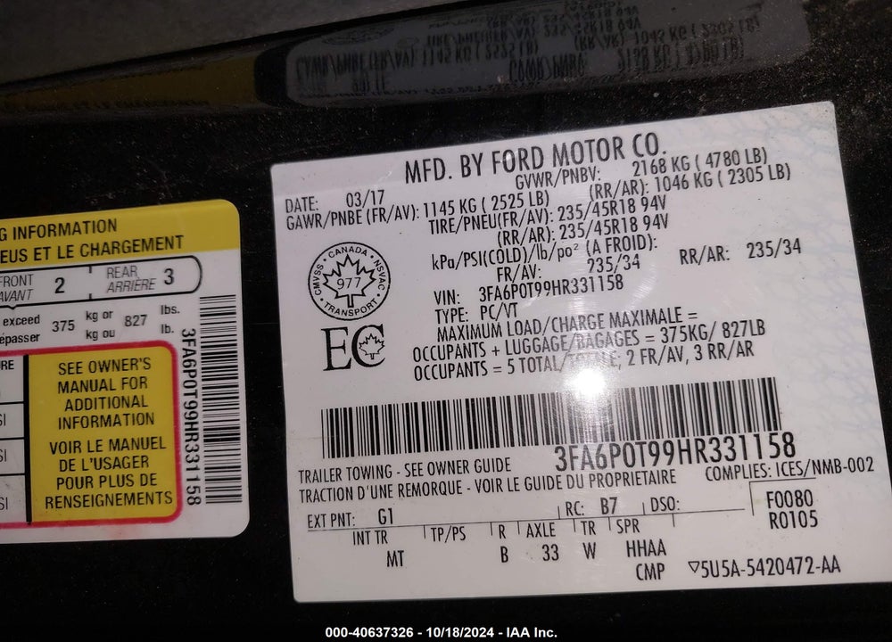 2017 FORD FUSION VIN: 3FA6P0T99HR331158