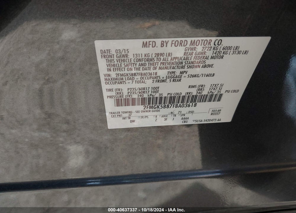 2015 FORD FLEX SE VIN: 2FMGK5B87FBA03618