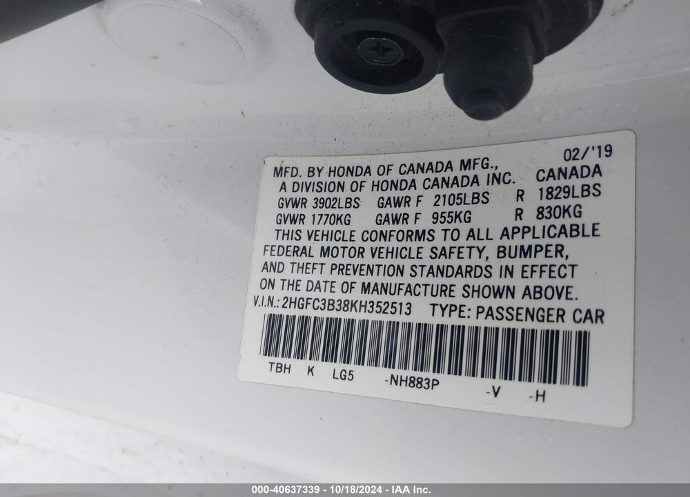 2019 HONDA CIVIC EX VIN: 2HGFC3B38KH352513