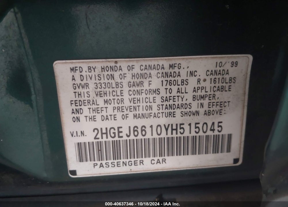 2000 HONDA CIVIC VALUE PACKAGE VIN: 2HGEJ6610YH515045