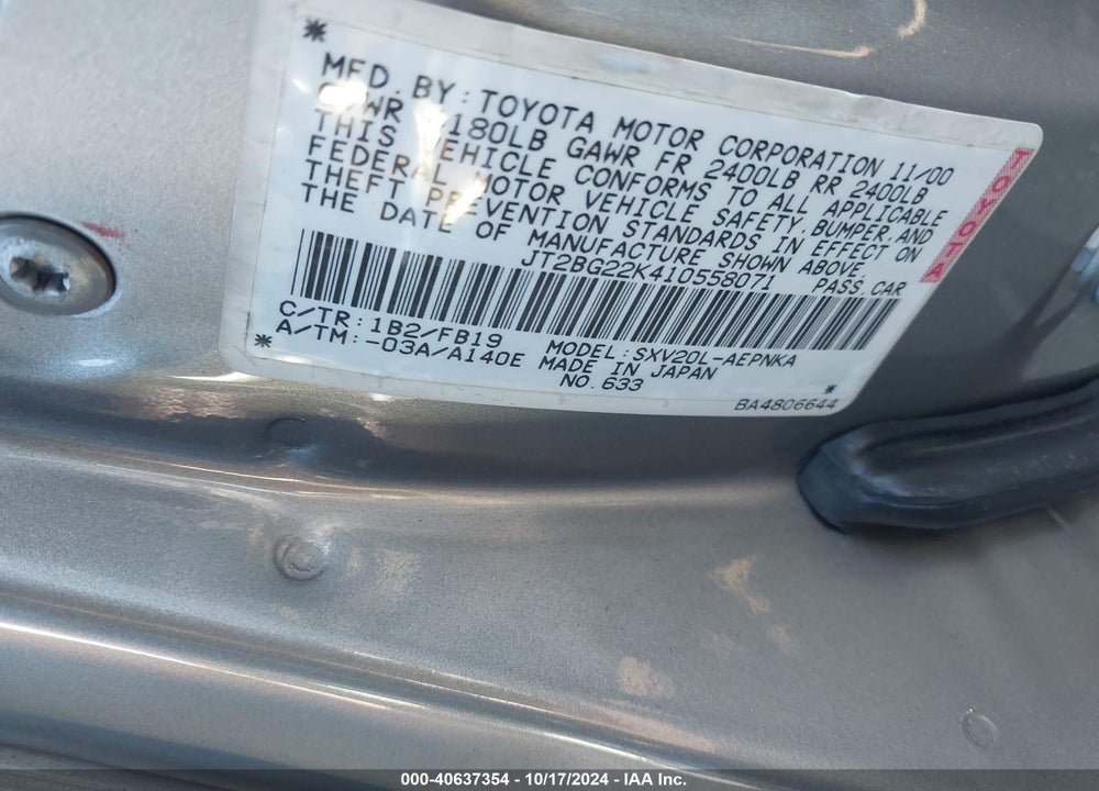 2001 TOYOTA CAMRY LE VIN: JT2BG22K410558071