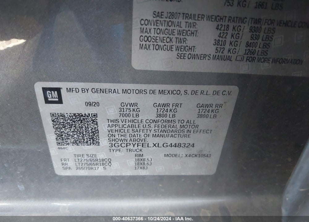 2020 CHEVROLET SILVERADO 1500 4WD SHORT BED LT TRAIL BOSS VIN: 3GCPYFELXLG448324