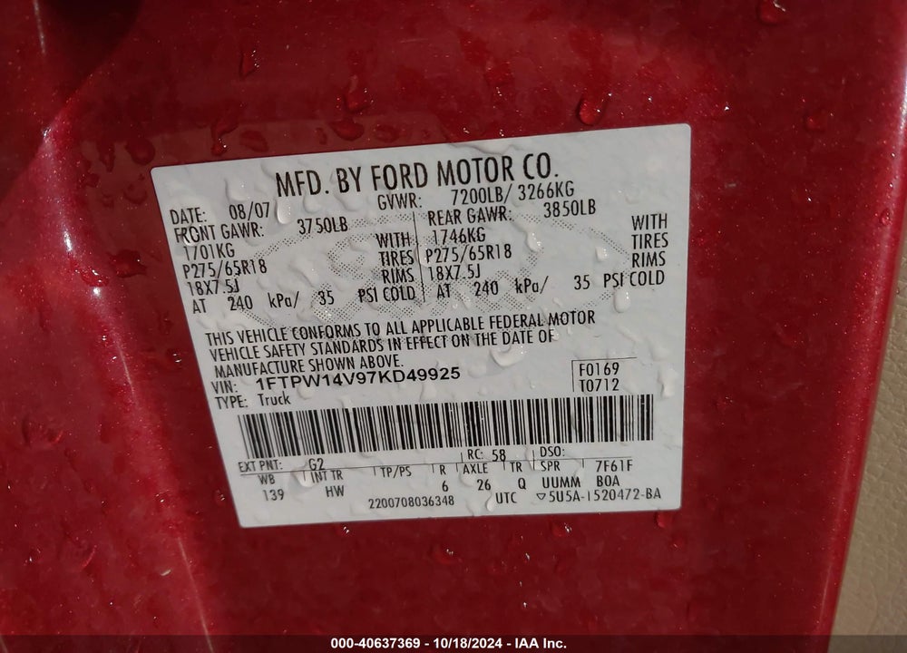 2007 FORD F-150 FX4/LARIAT/XLT VIN: 1FTPW14V97KD49925