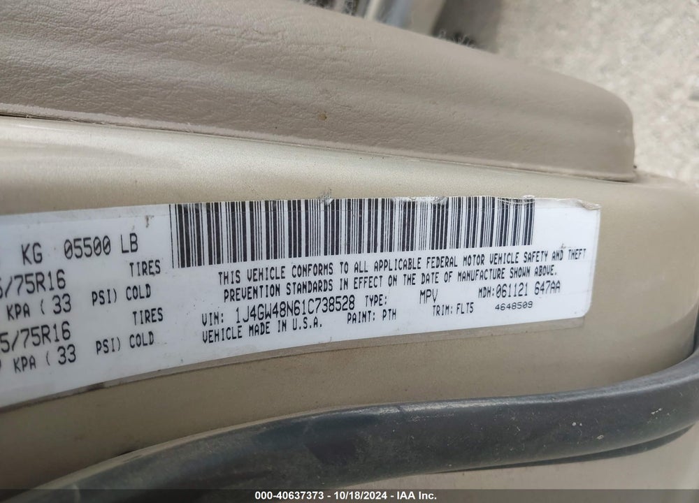 2001 JEEP GRAND CHEROKEE LAREDO VIN: 1J4GW48N61C738528