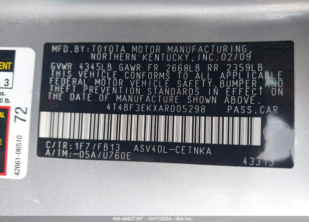 2010 TOYOTA CAMRY VIN: 4T4BF3EKXAR005298