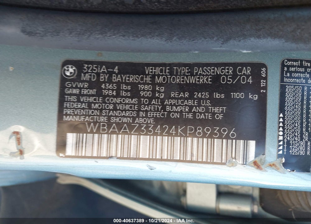 2004 BMW 325I VIN: WBAAZ33424KP89396