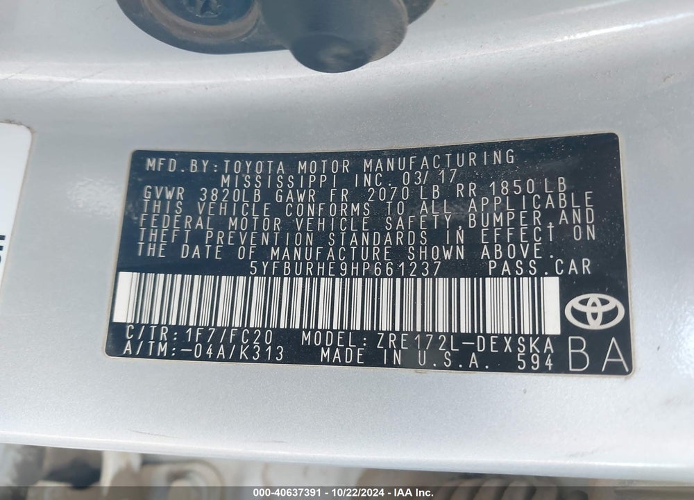 2017 TOYOTA COROLLA SE VIN: 5YFBURHE9HP661237