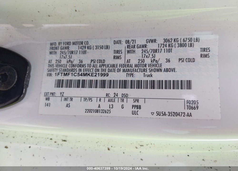 2021 FORD F-150 XL VIN: 1FTMF1C54MKE21999