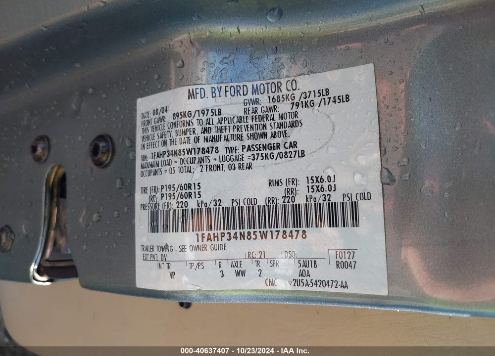 2005 FORD FOCUS ZX4 VIN: 1FAHP34N85W178478