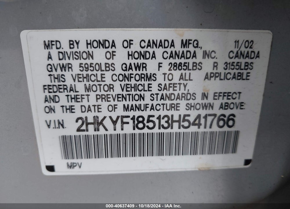 2003 HONDA PILOT EX-L VIN: 2HKYF18513H541766